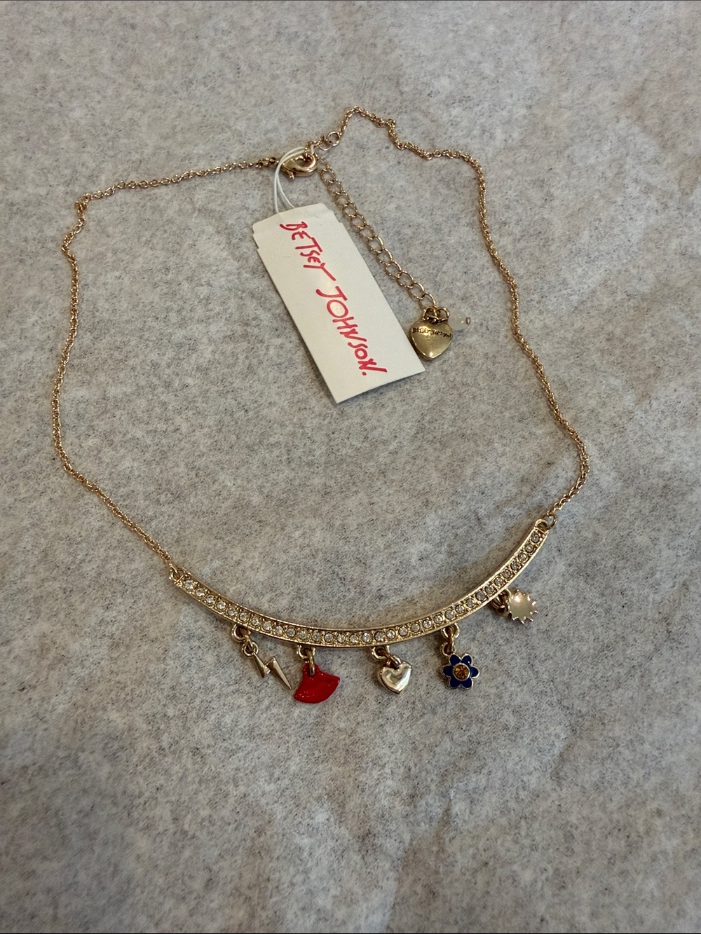 Betsey Johnson Gold-Tone Crystal Bar Necklace with Red Lip & Blue Flower Charms